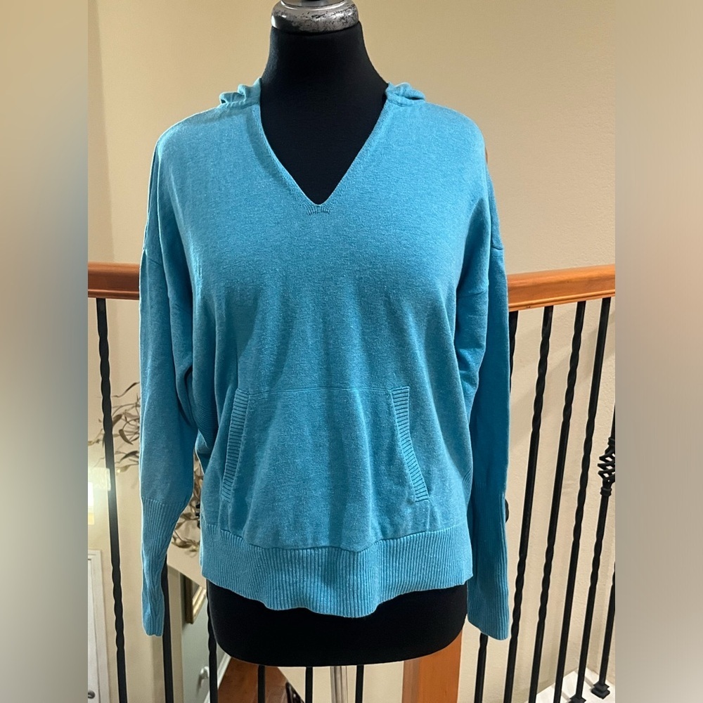 CAbi HOP TO HOODIE Turquoise Textured RIBBED KNIT TRIM WOMENS SIZE L